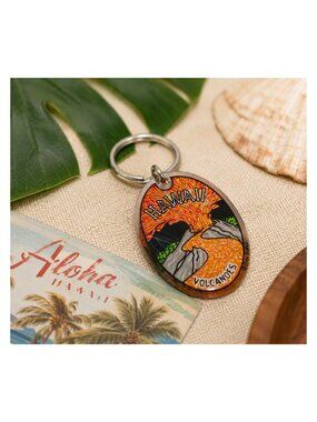 Vintage Hawaii Volcanoes Keychain Retro Hawaiian Lava Volcano Souvenir Travel Co